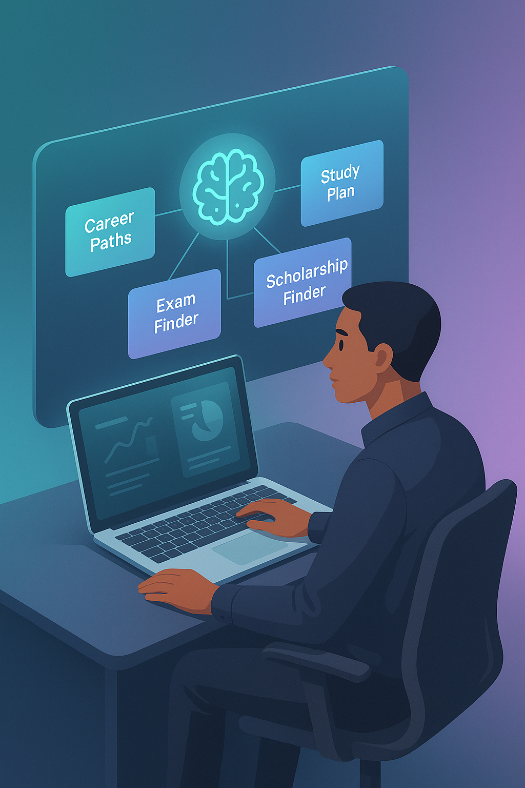 AI-powered career guidance platform showing a student using CareerCompass with brain-centered interface displaying Career Paths, Study Plan, Exam Finder, and Scholarship Finder modules
